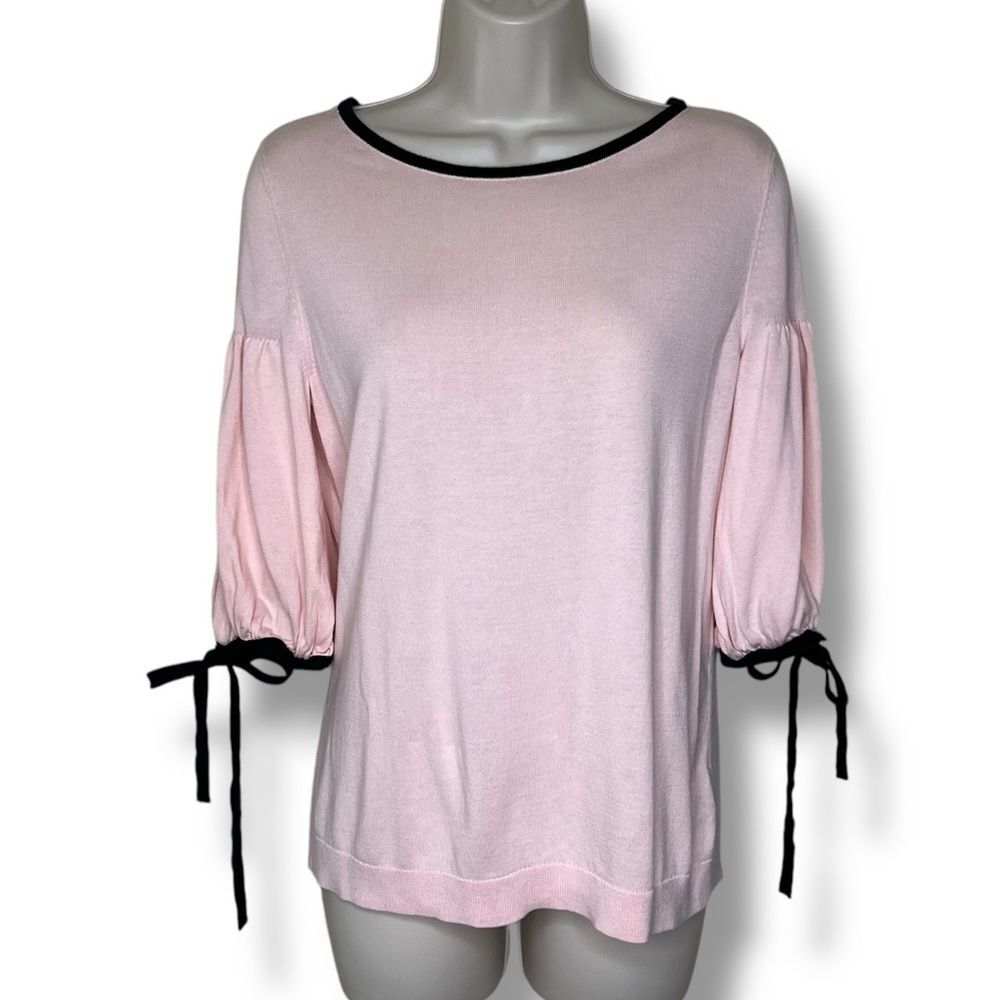 Talbots Pink Black Tie Puff Sleeve Lightweight Cotton Sweater Women Size Small